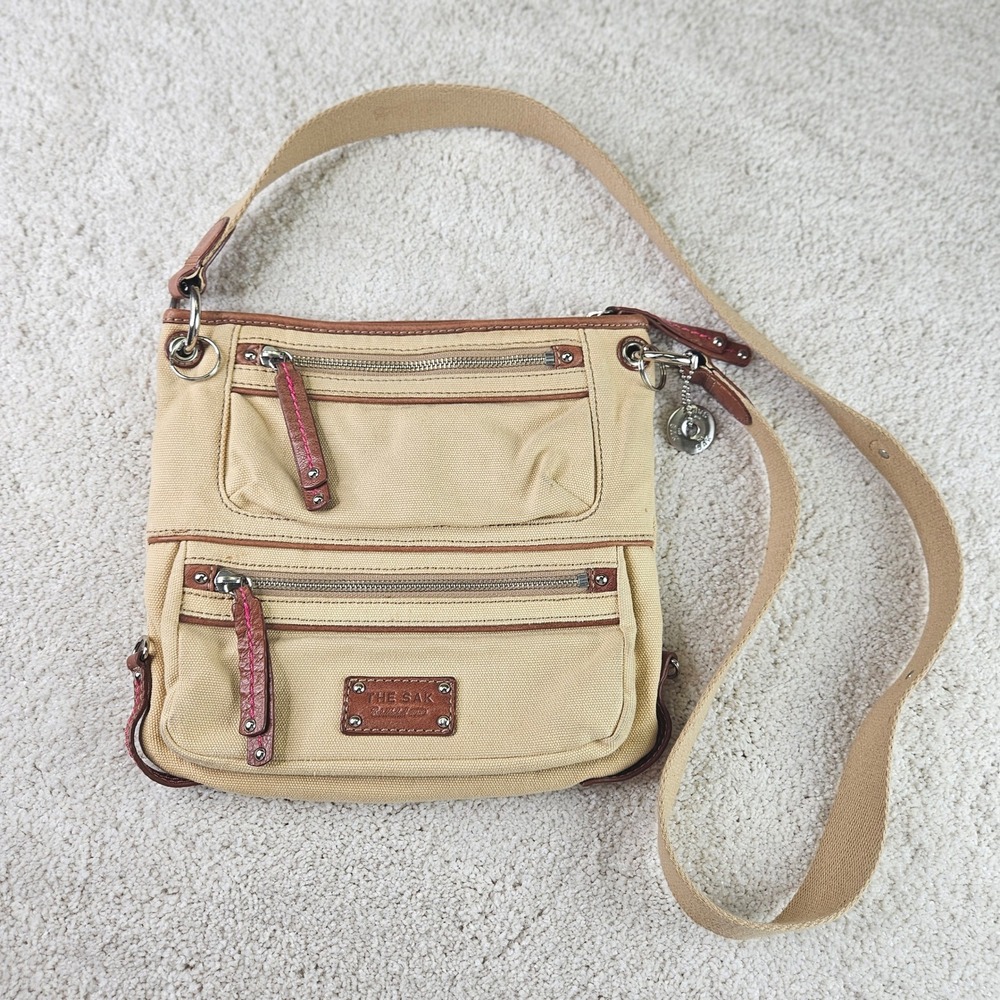 The Sak Crossbody Bag Beige Canvas Leather‎ Trim Travel Purse Everyday Handbag